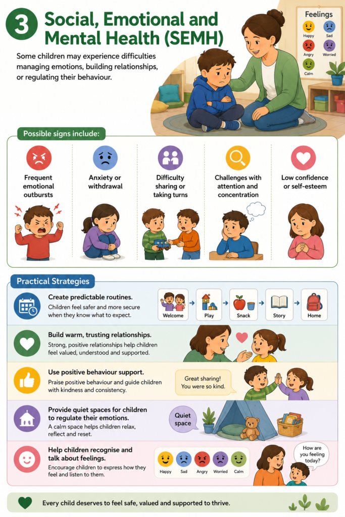 Social, emotional and mental health needs in SEND in Early Years including emotions, behaviour and relationships.